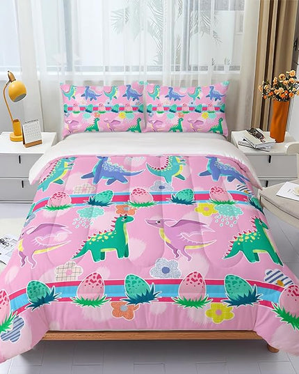 Kawaii Dinosaur Pink Comforter Set,Cartoon Cute Dino 3 Piece Bedding Set Queen for Girl Boy,Kawaii Bedding Quilt Set Dinosaur Decor,Soft Microfiber Lightweight 1 Comforter 2 Pillowcases All Season