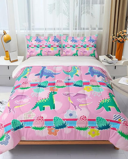 Kawaii Dinosaur Pink Comforter Set,Cartoon Cute Dino 3 Piece Bedding Set Twin for Girl Boy,Kawaii Bedding Quilt Set Dinosaur Decor,Soft Microfiber Lightweight 1 Comforter 2 Pillowcases All Season