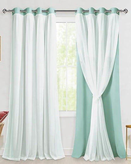 Hiasan Blackout Curtains with White Sheer, Mix & Match Double-Layer Thermal Insulated Sun Blocking Grommet Window Curtains for Bedroom, Living Room, 2 Drape Panels with Tiebacks, Aqua, 52W X 96L