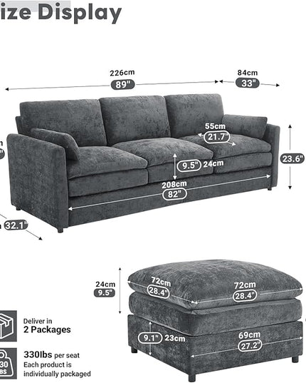 Tbfit Living Room Furniture Set, Standard Sofa & Ottoman, Modern Comfy Cloud Sofa Set, Spring Seat Cushions, Chenille, Gray