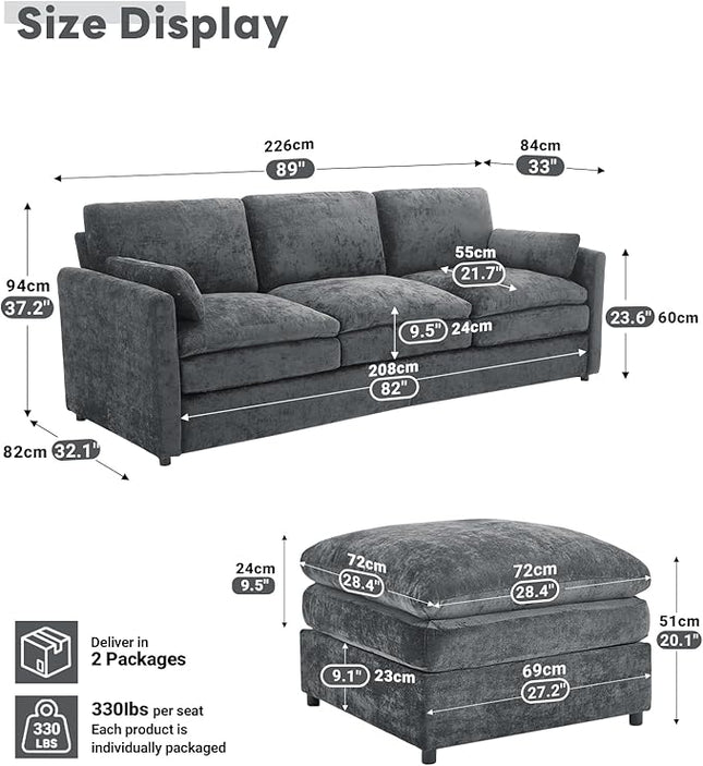 Tbfit Living Room Furniture Set, Standard Sofa & Ottoman, Modern Comfy Cloud Sofa Set, Spring Seat Cushions, Chenille, Gray