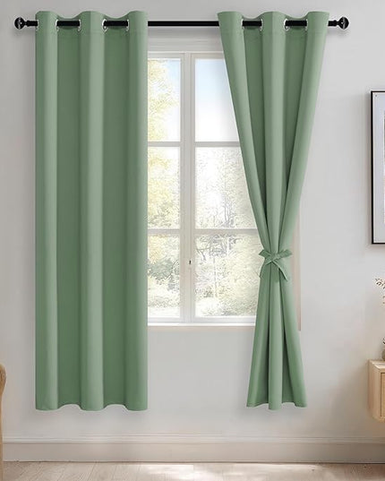 JIUZHEN Light Sage Blackout Curtains with Tiebacks Thermal Insulated, Light Blocking and Noise Reducing Grommet Curtains for and Living Room, Set of 2 Window Curtain Panels, 42 x 72 Inch Length