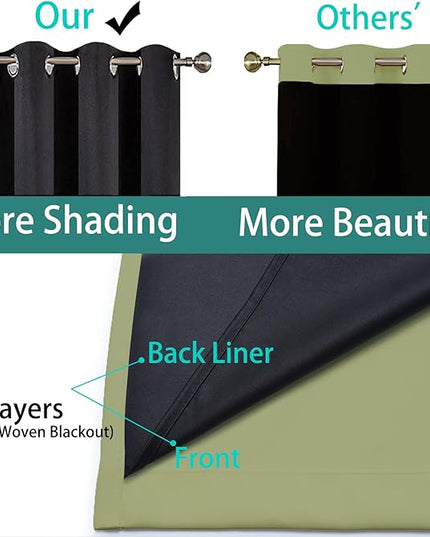 Yakamok 100% Blackout Curtains Energy Saving Thermal Insulated 2 Thick Layers Completely Blackout Drapes with Black Liner for Bedroom (52Wx72L, Sage, 2 Panels)
