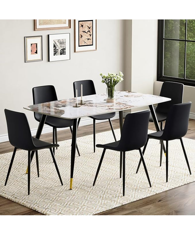 7 Piece Modern Dining Set, 62'' Sintered Stone Dinner Table for 6, 6 Chairs, Easy to Assemble