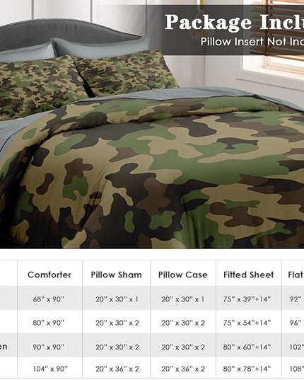 Comforter Set Queen Size, Military Hunting Camouflage 7 Pcs Bedding for Kids and Adults, Brown Green Camo Bed Sheet Sets with Fitted Sheet 2 Pillowcases & 2 Shams
