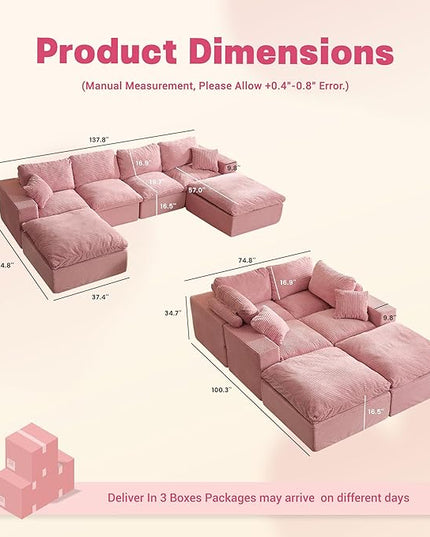 137.8” Sectional Couches for Living Room, Cloud Couch, Modular Sectional Sofa, Convertible Sofas Bed, Deep Seat Sofa, U Shaped Cozy Sofa Furniture Set, Corduroy, Pink