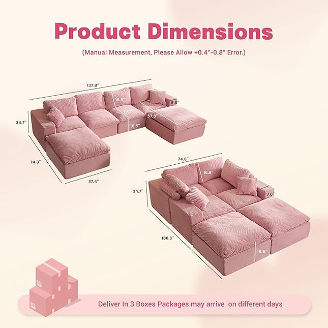 137.8” Sectional Couches for Living Room, Cloud Couch, Modular Sectional Sofa, Convertible Sofas Bed, Deep Seat Sofa, U Shaped Cozy Sofa Furniture Set, Corduroy, Pink