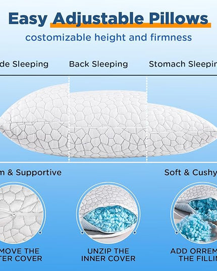 Side Sleeper Pillow for Adults, King Size Cooling Pillow for Neck and Shoulder Pain Relief, Adjustable Firm Soft Shredded Memory Foam Pillows for Side Back Stomach Sleepers, Bed Pillows for Sleeping