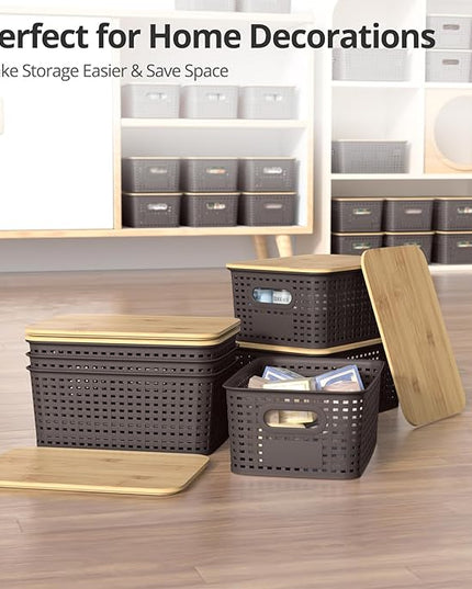 Plastic Storage Baskets with Bamboo Lids, Stackable Small Box Bins for Organizing and Containers for Shelves Drawers Desktop Closet Pantry Classroom Office Home, 6 Pack 10.2x7.2x4.1 Inch, Brown