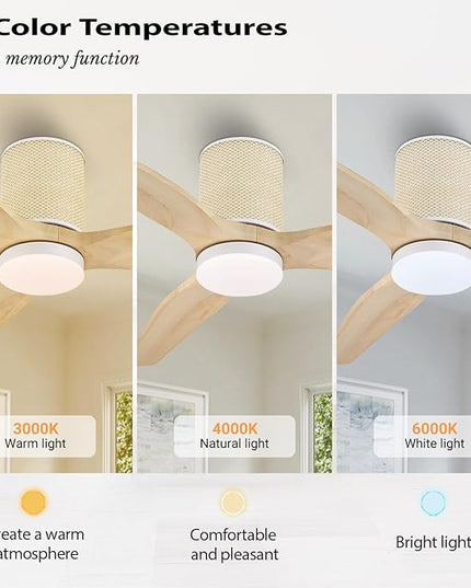 52" Ceiling Fan with Light - Low Profile Flush Mount Ceiling Fan, 6-Speed Remote Control, Solid Wood, Quiet Reversible DC Motor, Boho Style, for Bedroom, Living Room, Porch, Light Oak/White
