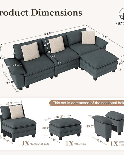 HERA'S HOUSE 124" Modular Sectional Sofa, Oversized L Shaped Couches for Living Room, Comfy Cloud Couch with Ottoman, 4-Seater Deep Seat Sofa with Throw Pillow, Chenille Blue
