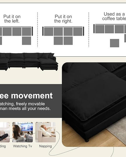 Modular Sectional Sofa,143.31'' Modern Sofa Sleeper Couch,Comfy Cloud Couches with 4 Seat & 2 Ottoman & 4 Pillows Sofa Set,Deep Seat Sofa with Movable Ottoman for Living Room,Chenille (Black,U shaped)
