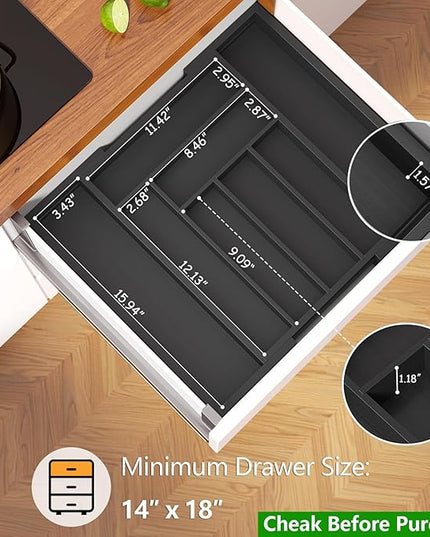 Pipishell Bamboo Expandable Drawer Organizer for Utensils Holder, Adjustable Cutlery Tray, Wood Drawer Dividers Organizer for Silverware, Flatware, Knives in Kitchen, Bedroom, Living Room (Black)