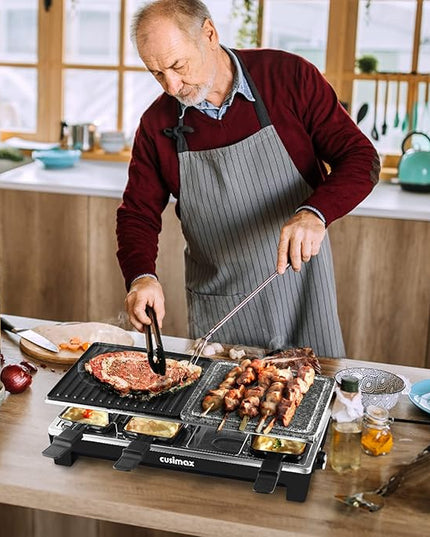 Raclette Table Grill, CUSIMAX Indoor Grill Electric Grill, Portable Korean BBQ Grill with 2 in 1 Reversible Non-stick Plate & Natural Grill Stone, 8 Raclette Pans 8 Wooden Spatulas for Family Fun