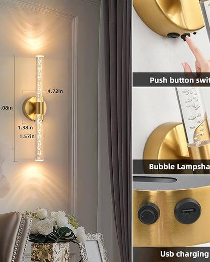 Battery Operated Wall Sconces Set of Two, Gold 20'' Rechargeable Crystal Bubble Wall Sconce with Remote Control, 3000K-6000K Dimmable LED Wireless Wall Lights for Living Room Bedroom Bathroom Hallway