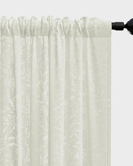 Anmao Cream Semi Sheer Light Filtering Curtains 54 Inches Long 2 Panels, Leaf Pattern Drapes for Living Room Bedroom, Rod Pocket Sheer Window Treatments with Floral Design, 52x54 Inch, Ivory