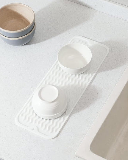 Silicone Dish Drying Mat for Multiple Usage,Easy clean,Eco-friendly,Heat-resistant Silicone Mat for Kitchen Counter,Sink,Bar,Bottle,or Cup White M 17 inches x 6 inches