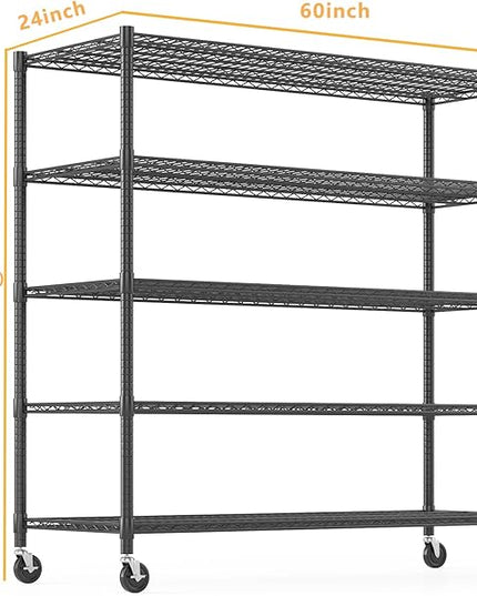 Himimi Storage Shelves 60"W Wire Shelving with Wheels 3250LBS Heavy Duty Metal Shelves for Storage, 5-Tier Adjustable Wire Rack Shelving Garage Shelving Kitchen Storage Shelves 24"Dx60"Wx82"H, Black