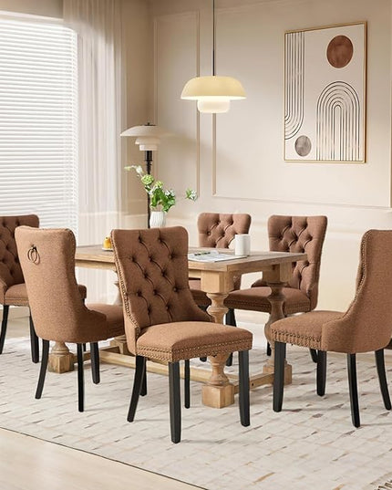 SoarFlash Linen Fabric Dining Chair Set of 6, Upholstered Tufted Dining Room Chair with Nailhead Trim and Solid Light Color Wood Leg for Kitchen (Coffee)