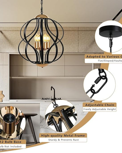 Black and Gold Chandelier for Dining Room, 4-Light Modern Farmhouse Chandelier Light Fixture, Adjustable Industrial Pendant Lights Kitchen Island, Hanging Chandeliers for Living Room Foyer
