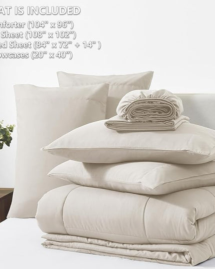 CozyLux California King Comforter Sets Beige, 7 Pieces Cal King Bed in a Bag, All Season Bedding Sets with Stitch Quilted Comforter, Flat Sheet, Fitted Sheet, Pillowcases