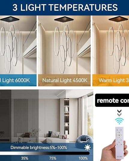 Modern Staircase Chandelier LED 6-Rings Foyer Chandeliers for High Ceilings Black Large Chandeliers Remote Control 3000K-6000K Dimmable Pendant Light for Living Room Staircase Entryway