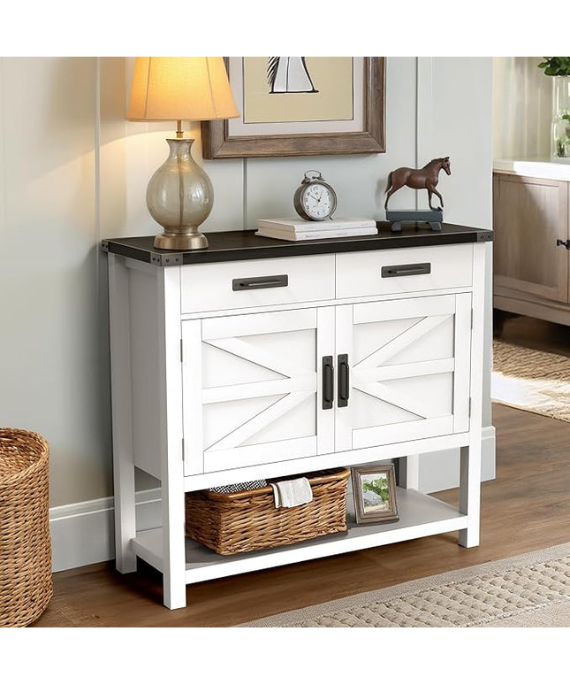 PioneerWorks Farmhouse Console Table with 2 Door Cabinet and 2 Drawers - Entryway Table with Cabinets,for Living Room,Kitchen,Dining,Hallway,White