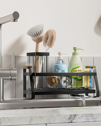 Sink Caddy Organizer with Wooden Handle & Self-Draining Tray, Trapezoid Kitchen Sponge Holder with Non-Slip Suction Cups , Organizer for Sponge, Brush, Soap Dispenser for Sink and Bathroom Countertop
