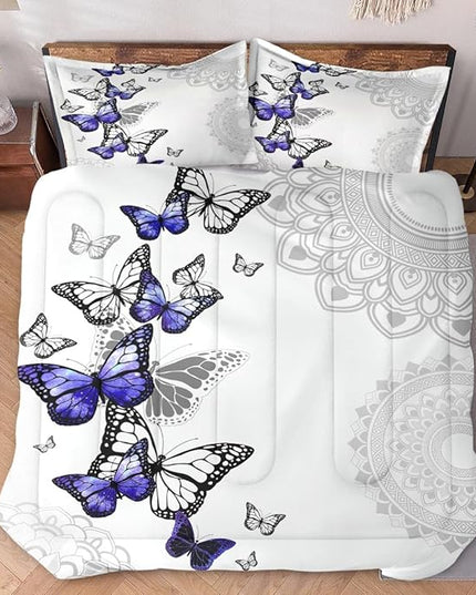 King Size Comforter Set with 2 Pillowcases, Summer Spring Purple Butterfly 3 Pcs Bedding for Kids and Adults, Abstract Circular Mandala Floral Soft Comforter Set for Bedroom Bed Decor