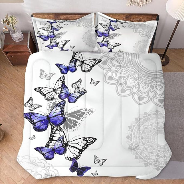 Twin Size Comforter Set with Pillowcase, Summer Spring Purple Butterfly 2 Pcs Bedding for Kids and Adults, Abstract Circular Mandala Floral Soft Comforter Set for Bedroom Bed Decor