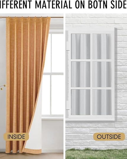 IVAPUPU Linen Pinch Pleated Blackout Curtains for Bedroom - Full Black Out Gold Curtains 90 Inch 2 Panels Set for Living Room Darkening Thermal Window Curtain Drapes with 16pc Hooks