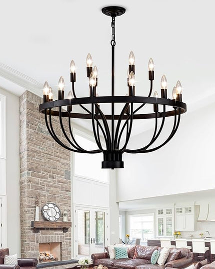 31.5 Inch Chandelier 18 Light Black Dining Room Light Fixture, Black Farmhouse Chandeliers for Dining Room, Large Chandelier Rustic Industrial Candle Chandeliers for Hallway, Entryway,Office,Bar
