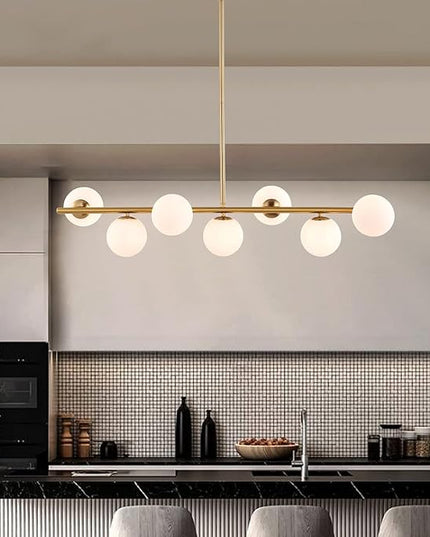 7 Lights Modern Sputnik Chandelier Globe White Glass Shade Brass Linear Mid Century Farmhouse Pendant Light Fixture for Kitchen Island Bedroom Dining Lighting (Gold)