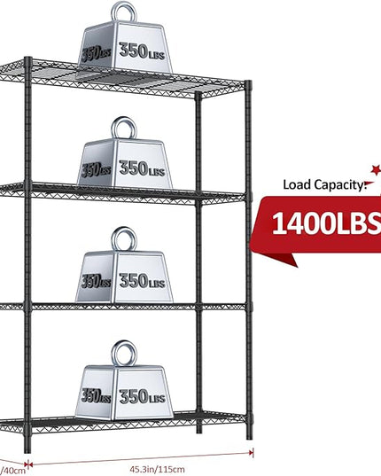 IZEUK 1400 LBS Garage Black Shelving Wide Storage Shelves 4 Tier Adjustable Heavy Duty Metal Wire Rack Standing Shelf Unit for Kitchen Office College Dorm Garage Warehouse 15.8" x 45.8"x 59.4"