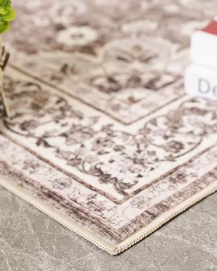 Washable Oriental Area Rug - 2x3 Rugs for Living Room Soft Carpet for Bedroom Waterproof Floral Distressed Indoor Stain Resistant Non-Shedding Floor Carpets (Beige, 2x3)