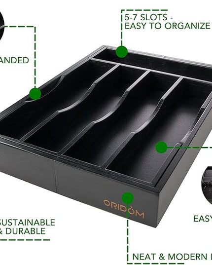 Expandable Bamboo Kitchen Drawer Organizer for Cutlery and Utensils, Adjustable Bamboo Wood Cutlery Tray in Drawer for Flatware and Silverware in Kitchen, (Black)