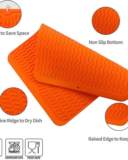 Silicone Dish Drying Mat for Multiple Usage,Easy clean,Eco-friendly,Heat-resistant Silicone Mat for Kitchen Counter or Sink,Refrigerator or drawer liner Orange L 16 inches x 12 inches