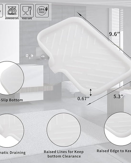 Silicone Bathroom Soap Dishes with Drain Spout-Bathroom and Kitchen Sink Organizer,Sponge Holder,Dish Soap Tray,Perfect for Dispenser,Scrubber,Bottle,Cup on Counter Translucent 9.6"×5.3"
