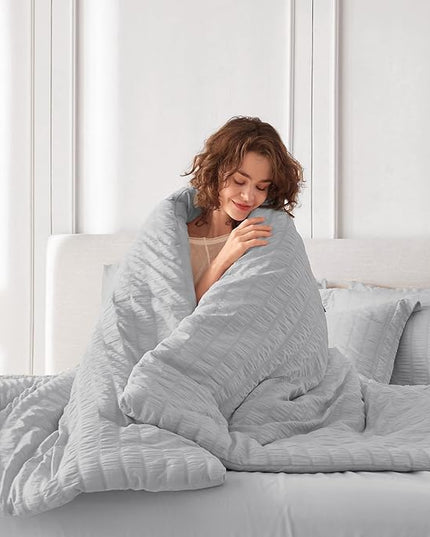 MUXHOMO 7 Pieces Queen Comforter Set, Seersucker Bed in a Bag Queen Size, All Season Luxury Bedding Set with Comforter, Flat Sheet, Fitted Sheet, Pillowcases & Shams, Light Grey