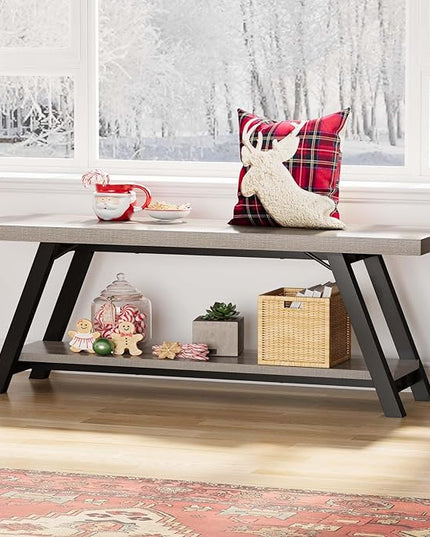 LVB Industrial Entryway Bench, Wood and Metal Storage Bench, Indoor Farmhouse Hallway Accent Entry Bench for Seating Sitting, Shoe Rack Organizer Cabinet in Foyer Bedroom, Light Grey Oak, 47 Inch Long