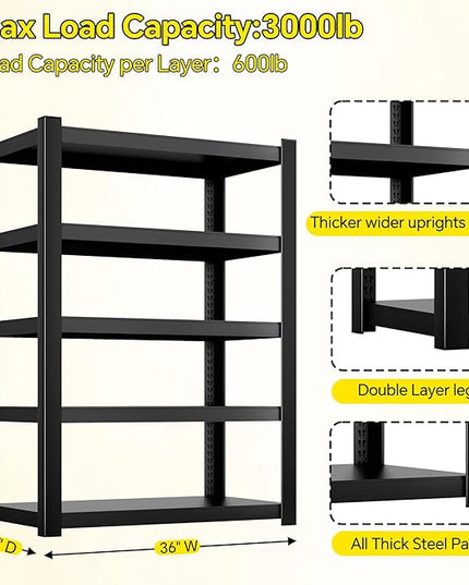 CJF Metal Storage Shelves, 5-Tier Garage Shelving Unit, Heavy Duty Adjustable Metal Shelving for Garage, Basement, Pantry, Warehouse-Black (71 "H x 36" W x 16" D)