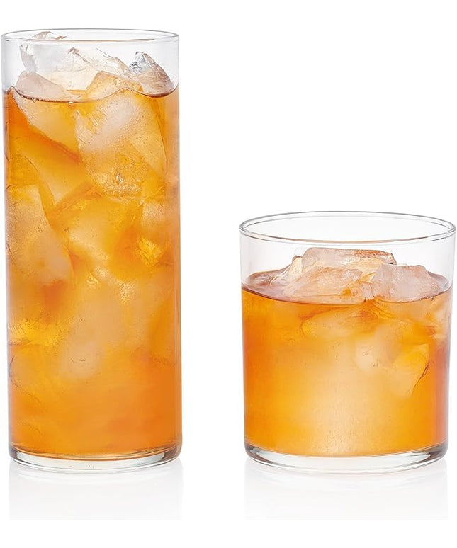 Libbey Miles Tumbler and Rocks Bar Drinkware Glasses Set, Clear All-Purpose 16 Piece Glassware Set, Sleek Glass Drinking Cups for Everyday Use