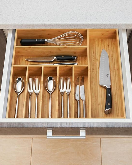 Umilife Large Kitchen Drawer Organizer, 19"x20" Silverware Utensils Organizer, 2.5" High for Large Deep Drawers, Bamboo Flatware Holder with Thick Frames, Sturdy Kitchen Organization Tray