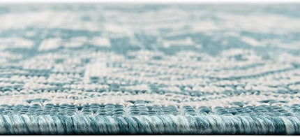 Rugs.com Outdoor Aztec Collection Rug – 10 Ft Round Aqua Flatweave Rug Perfect for Kitchens, Dining Rooms