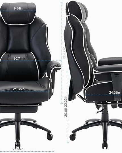 DJ·Wang Big and Tall Office Chair with Foot Rest, High Back Executive Office Chair PU Leather, Ergonomic Chairs with Lumbar Support, 135° Reclining Chairs with Thickened Spring Cushion Black