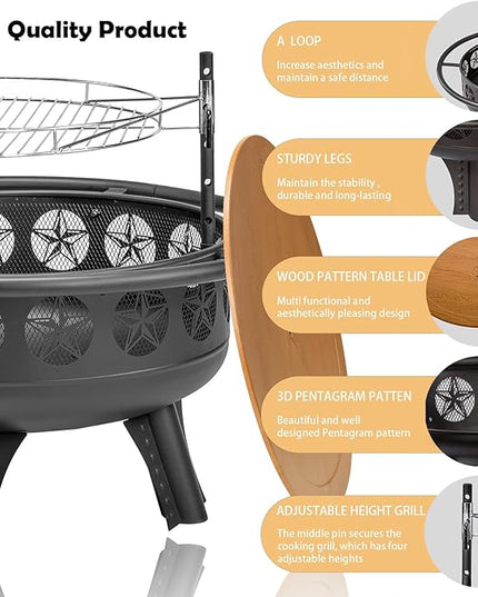 32 Inch Fire Pit with Swivel Cooking Grate,3-in-1 Wood Burning Firepit with Grill,Outdoor Fire Pits Table with Metal Lid and Poker for Outside Patio Backyard BBQ Bonfire Camping (32 Inch)
