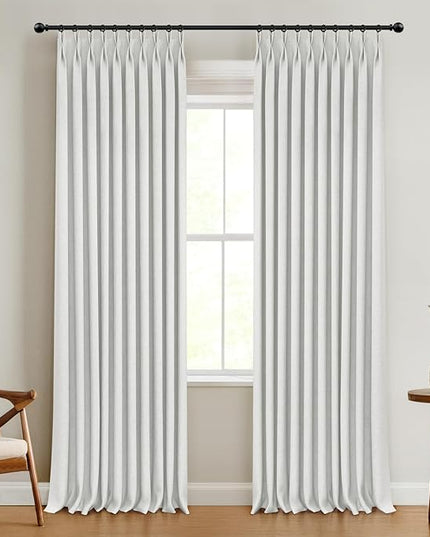 100% Blackout Shield Linen Look Textured Pinch Pleated Curtains Blackout Drapes 96 Inch Long 2 Panels Set, Faux Linen Blackout Curtains for Bedroom & Living Room, 40" W x 96" L, Bright White