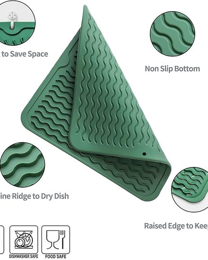 Silicone Dish Drying Mat for Multiple Usage,Easy clean,Eco-friendly,Heat-resistant Silicone Mat for Kitchen Counter or Sink,Refrigerator or Drawer liner Green M 12 inches x 12 inches