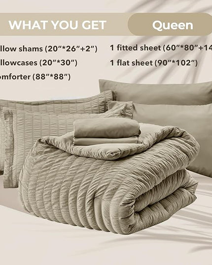 HYMOKEGE Linen Queen Comforter Set Seersucker 7 Pieces, All Season Luxury Bed in a Bag Queen for Bedroom, Bedding Set with Comforter, Sheets, Pillowcases & Shams