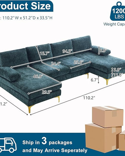 VINGLI 110" Large U-shape Sectional Sofa Couch with 51"D Double Chaise for Living Room, Modern Sectional Couch Set with Soft 5.9" Thickness Seating Padding, Chenille Fabric ,Metal Gold Legs(Rich Cyan)